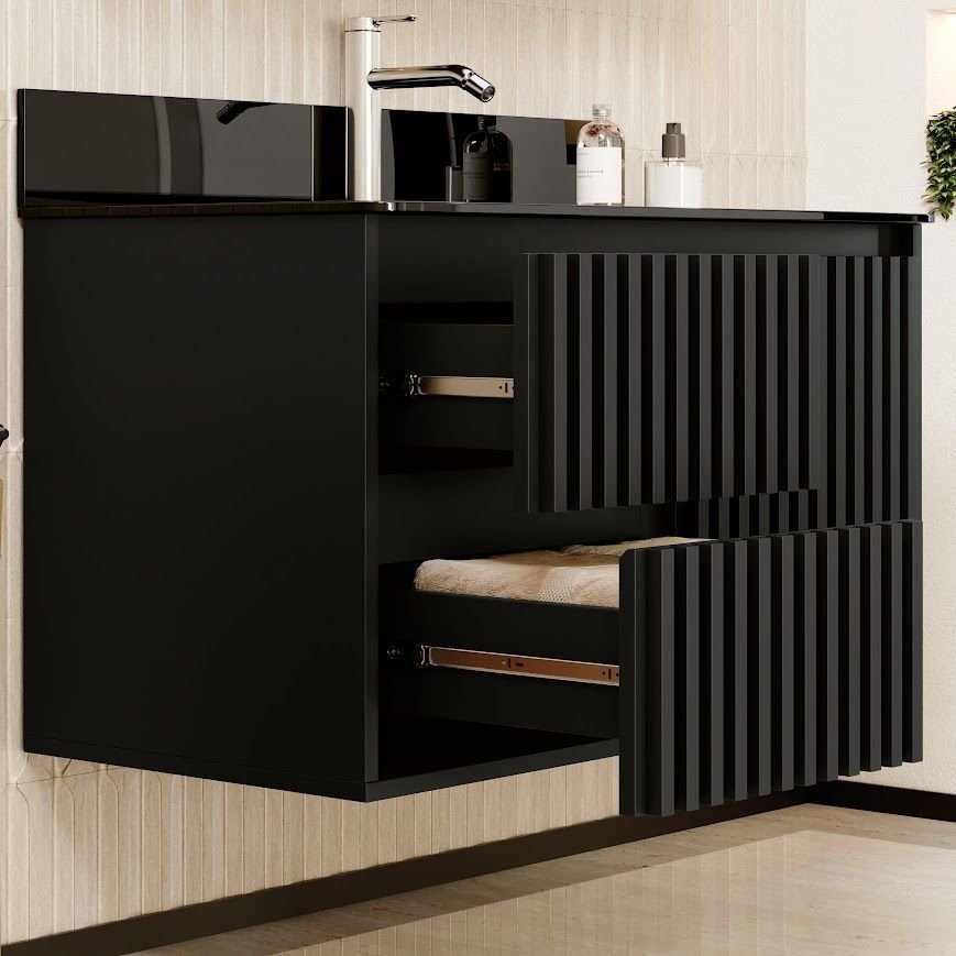 Ver imagem 3 de Gabinete Ripado Vision 80cm Preto com Bancada de Vidro