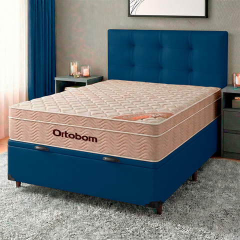 Cama Box Bau + Colchão Casal Ortobom Molas Ensacadas Airtech + Cabeceira Estofada