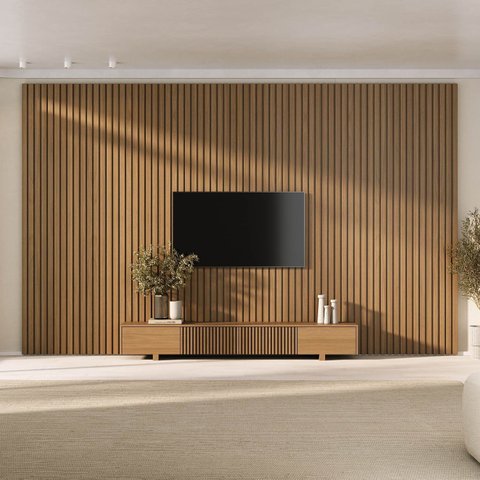Rack com Painel Ripado para TV até 86 Polegadas 400x250cm Aruá CabeCasa MadeiraOriginals