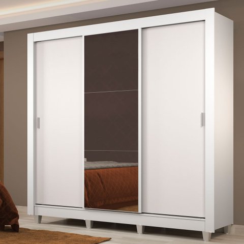 Guarda-Roupa Casal Madesa Lyon Plus 3 Portas de Correr com Espelho 4 Gavetas com Pés Branco Cor:Bran