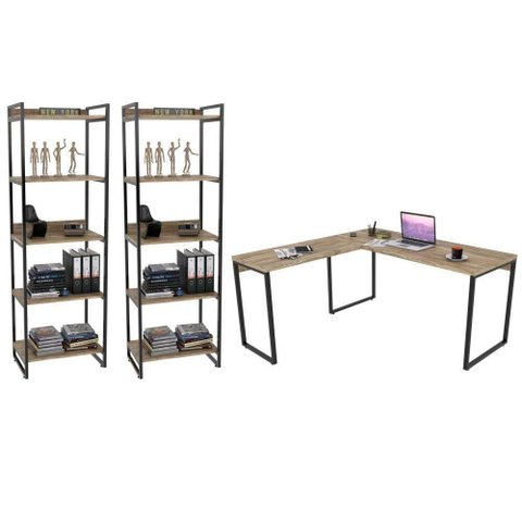 Conjunto Escritório Mesa 2 Estantes 5 Prateleiras