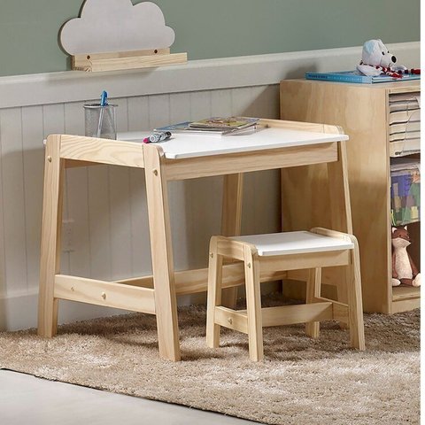 Conjunto Infantil Mesa com 1 Banqueta Castelo Casatema MadeiraOriginals Branco/Marrom
