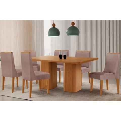 Sala Jantar Mesa Maldivas Tampo Curvo 180cm+6 Cadeiras Dakota Madeira Naturale - Capuccino/linho