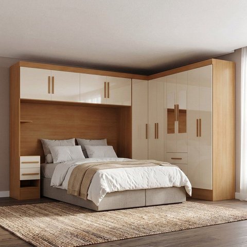 Guarda Roupa Casal Modulado com Espelho e Cabeceira 100% MDF Imperial Yescasa Cinamomo/Off White