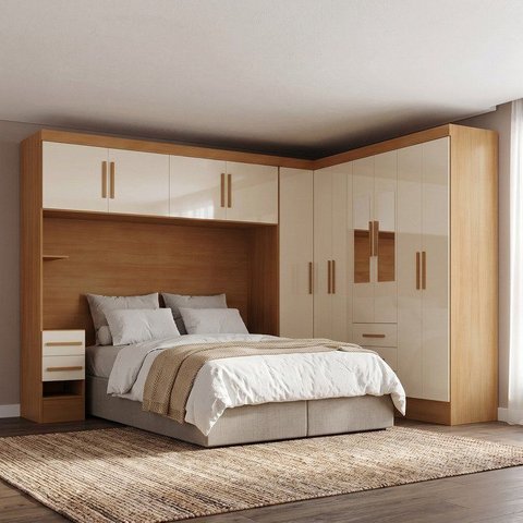 Guarda Roupa Casal Modulado com Espelho e Cabeceira 100% MDF Imperial Yescasa Cinamomo/Off White
