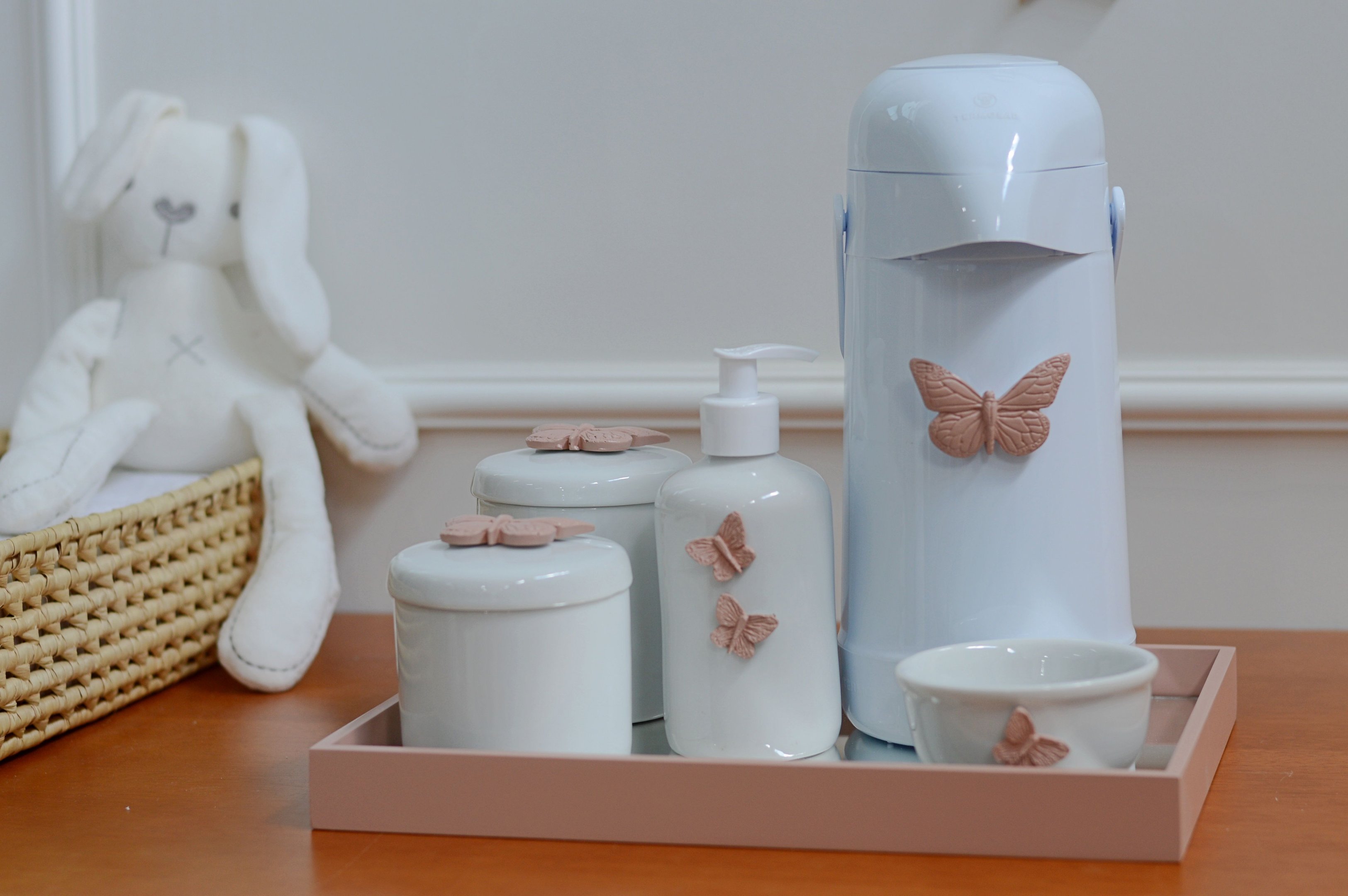 Kit Higiene Bebê Porcelana Térmica Bandeja Banho Borboleta - Rose - 5