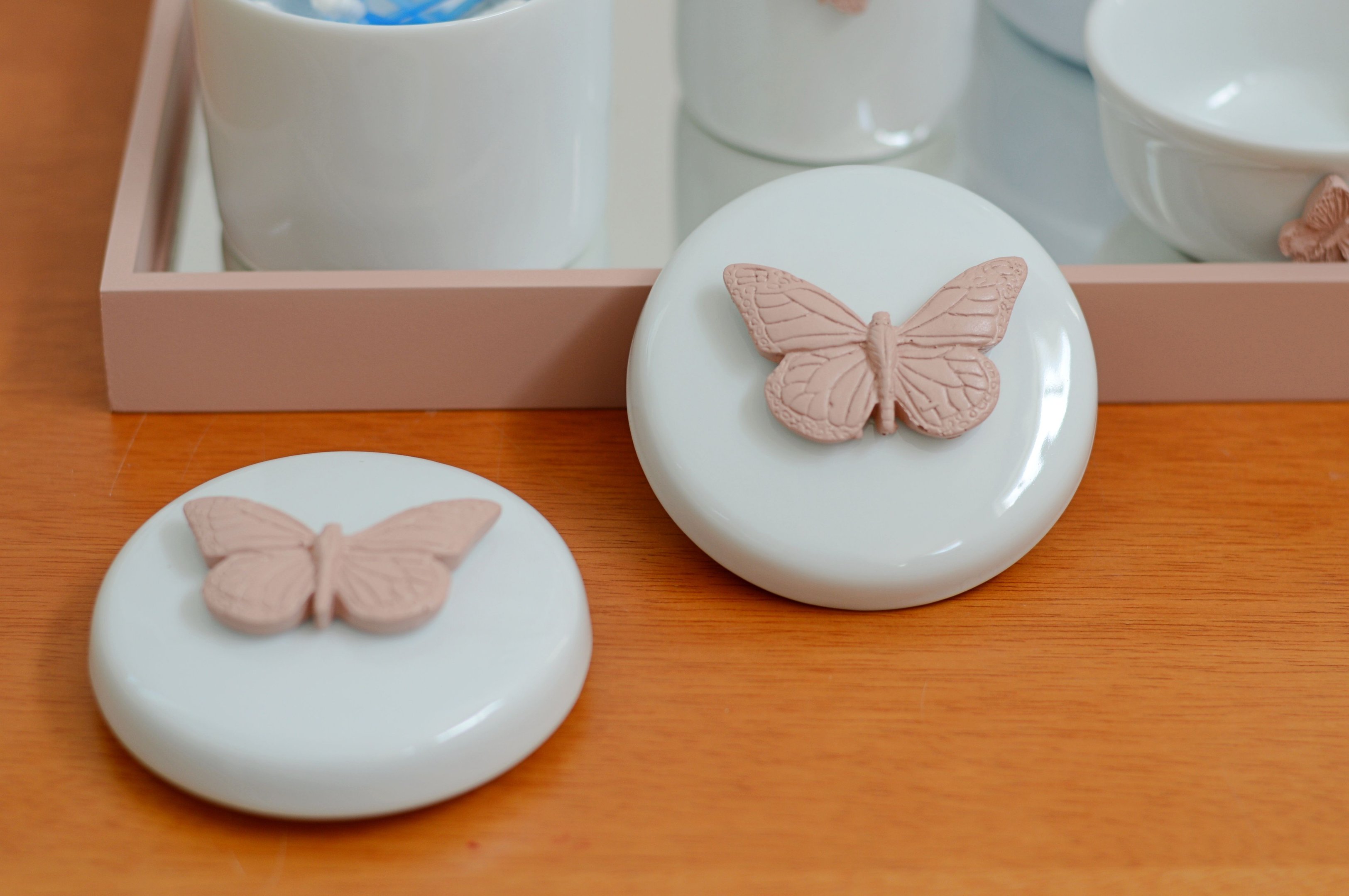 Kit Higiene Bebê Porcelana Térmica Bandeja Banho Borboleta - Rose - 9