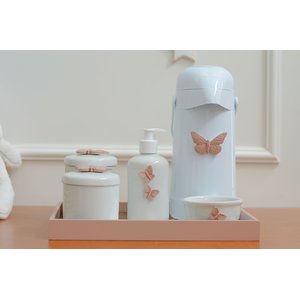 Kit Higiene Bebê Porcelana Térmica Bandeja Banho Borboleta - Rose