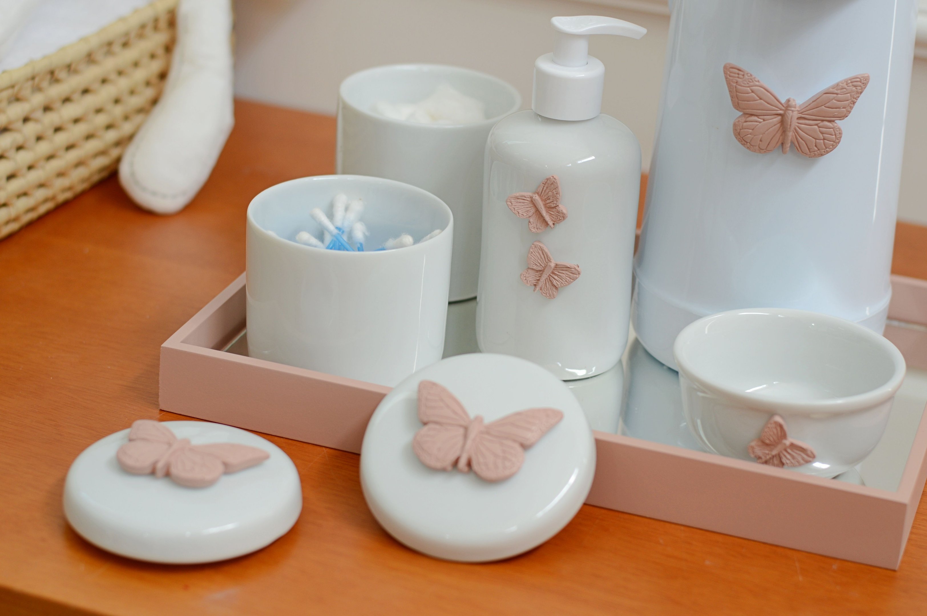Kit Higiene Bebê Porcelana Térmica Bandeja Banho Borboleta - Rose - 7
