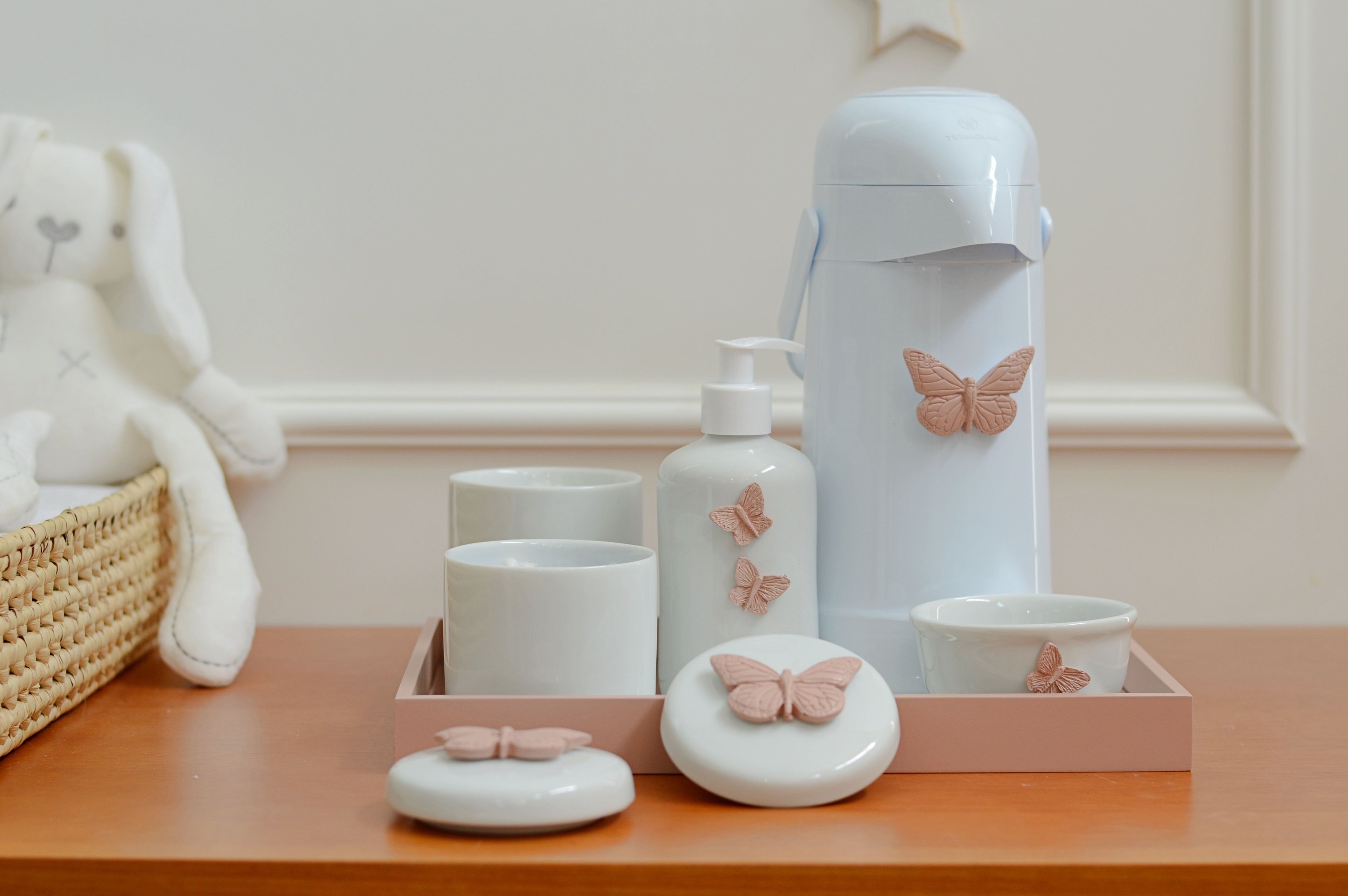 Kit Higiene Bebê Porcelana Térmica Bandeja Banho Borboleta - Rose - 8