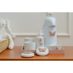Kit Higiene Bebê Porcelana Térmica Bandeja Banho Borboleta - Rose - 8