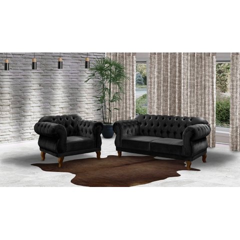 Um Sofá 2 Lugares 1,80cm + Duas Poltronas Chesterfield Elisabeth Veludo Preto