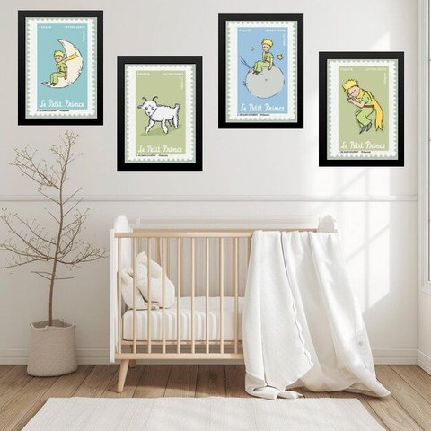 Kit 4 Quadros Quarto Infantil Menino Pequeno Príncipe 24x18cm - com Vidro:moldura Preta
