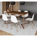 Ver imagem 1 de Mesa Jantar Industrial Retangular Amêndoa 137X90Cm Base V Cobre C/6 Cadeiras Brancas Cor: Amendoa