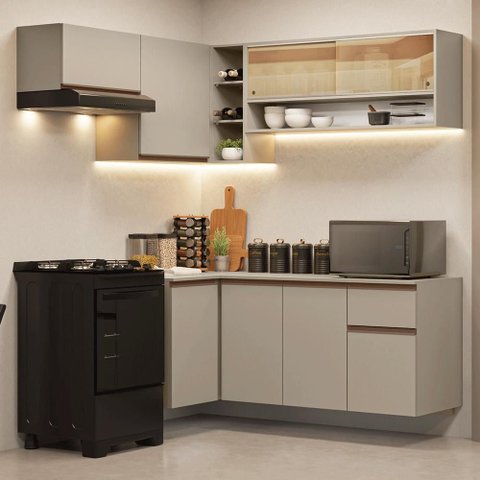 Armário de Cozinha Completa de Canto Suspensa 325 cm Crema Nice Madesa 02