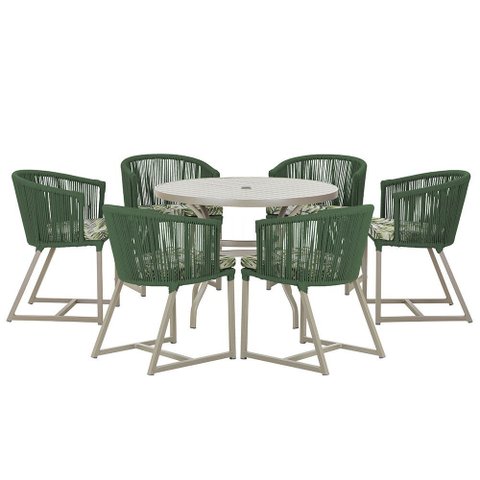 Mesa com 6 Cadeiras de Jantar Roma 120cm e Noronha em Alumínio Fendi Corda Náutica Estofado 5 Trama