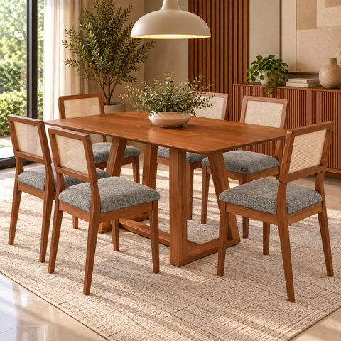 Conjunto Mesa de Jantar Retangular 6 Cadeiras Estofadas Encosto Tela Pinhão/Grafite - Dalla Costa