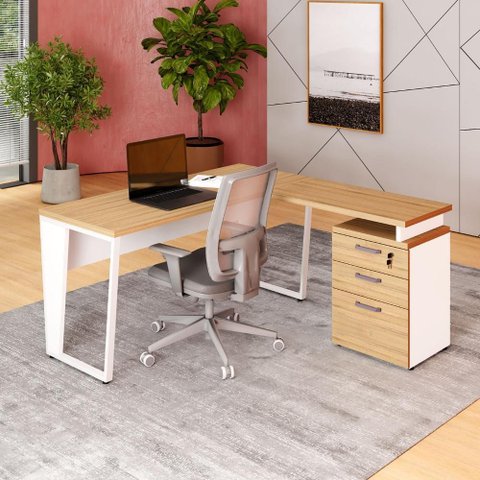 Mesa Escritório 1,50m Gaveteiro 3 Gavetas e Chave F5 Office Cor:macadâmia com Branco