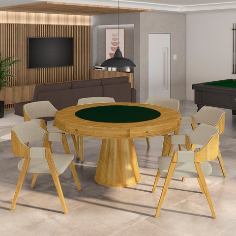 Conjunto Mesa de Jogos Carteado Bellagio Tampo Reversível Verde e 6 Cadeiras Madeira Poker Base Cone