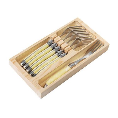 Conjunto 6 Garfos Laguiole Luxo Em Bandeja De Madeira Marfim