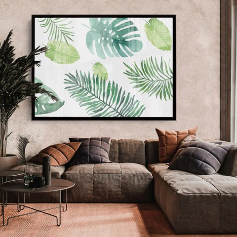 Quadro Decorativo Caixa Floral Folhagem Aquarela  Tacolado Moldura Caixa 3cm Branca sem Vidro 60 X 9