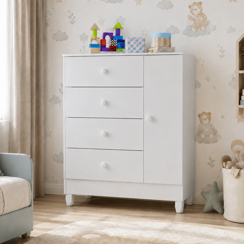 Cômoda Quarto Infantil 1 Porta e 4 Gavetas com Corrediças Telescópicas Mobigu - Branco