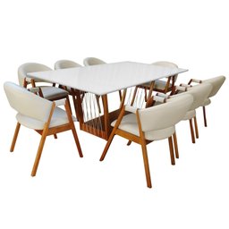 Sala de Jantar Olivia (base+tampo) 2,20x1,10, com 8 Cadeiras Olivia Verniz Nogueira, Corino Branco - - 1