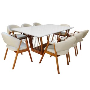 Sala de Jantar Olivia (base+tampo) 2,20x1,10, com 8 Cadeiras Olivia Verniz Nogueira, Corino Branco -