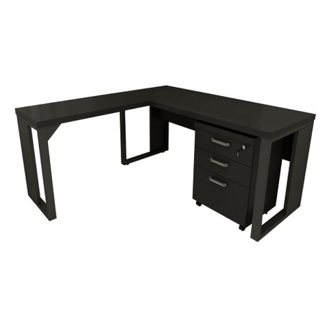 Mesa de Escritório em L Linha Industrial com Gaveteiro F5 Cor:preto