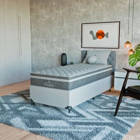 Cama Box Solteiro + Colchão Paris Molas Ensacadas Cinza Couro Branco/cinza