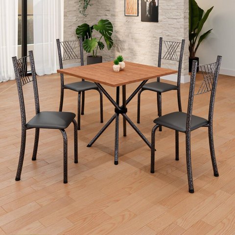 Conjunto de Mesa Tubular 70x70cm Tampo em MDF com 4 Cadeiras Prata/Preto Liso/Martelado