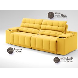 Sofá com Porta Copos Carregador Usb Ret Rec Samurai 2,00m Velosuede Canário - Netsofas - 3