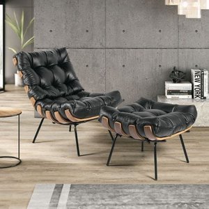 Poltrona com Puff Costela Base Fixa Courino Preto