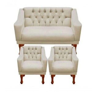 Jogo de Sofá Namoradeira + 02 Poltronas para Escritorio Recepção Suede Bege Sj Móveis e Decora