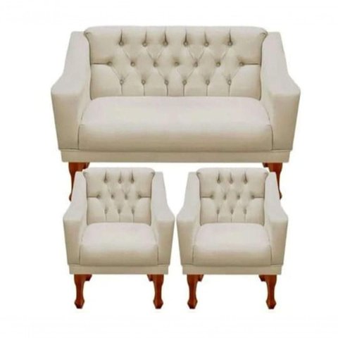 Jogo de Sofá Namoradeira + 02 Poltronas para Escritorio Recepção Suede Bege Sj Móveis e Decora