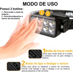 Lanterna de Cabeça com Sensor Inteligente Farol com 8 Leds 3030 Recarregavel Usb a Prova Dagua - 4