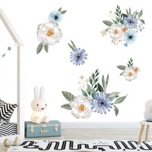 Adesivo kit infantil flores azul e brancas aquarela