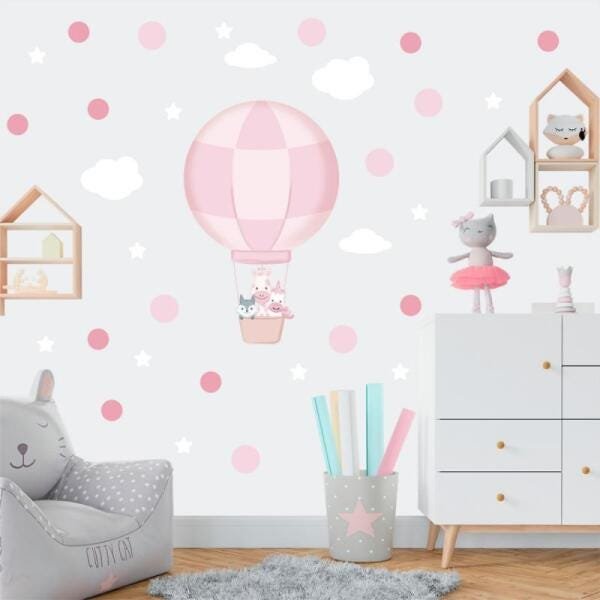 Adesivo Kit Infantil animal balão rosa quarto menina - 1