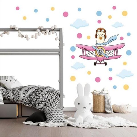 Adesivo Kit Infantil alpaca ilhama avião rosa quarto menina