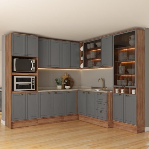 Armário de Cozinha Completa C Balcão Milla Dusk Carraro Nogal Cinza Titânio