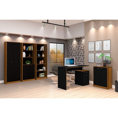 Conjunto 3 Armários Organizador e 1 Mesa Escrivaninha Office 1 Balcão Escritório Preto com Nature -
