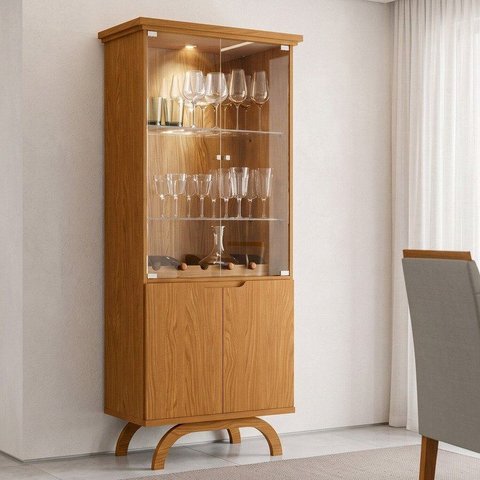 Cristaleira 4 Portas Nicho Adega 100% MDF Vidro e LED Vicenza Ypê
