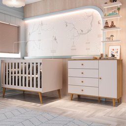 Quarto de Bebê Berço 3 em 1 Retrô Ludmila Cômoda com Fraldário Ligia Off White Carolina Baby - 1