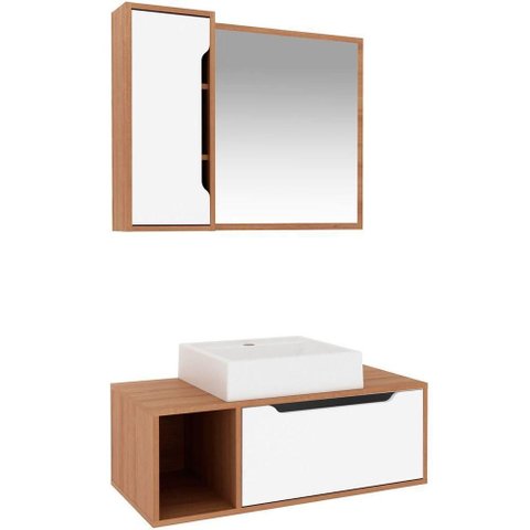 Kit Gabinete e Espelheira de Banheiro 80 Cm com Cuba Karina Amêndoa-branco