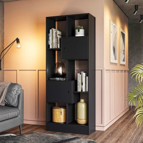 Livreiro com Nichos 2 Portas Qmovi Preto Fosco