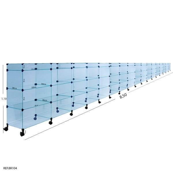 Balcão de Atendimento Modulado em Vidro com Rodízios - 8,50 x 1,10 x 0,30