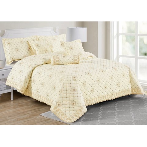 Conjunto Cama King Size Crystal Bordada Colcha 100% Algodao 200 Fios:PALHA