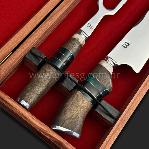 Conjunto Churrasco Sg Inox 5mm com Caixa de Madeira:8'' (20cm)