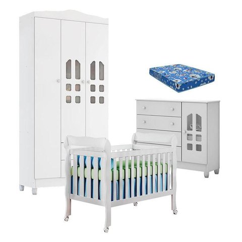 Quarto de Bebê New Selena 3 Portas com Berço Lila e Cômoda Selena Branco Brilho e Colchão Ortobom – 