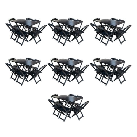 Kit 7 Conjuntos de Mesa Dobravel com 6 Cadeiras de Madeira 120x70 para Restaurante e Bar - Preto